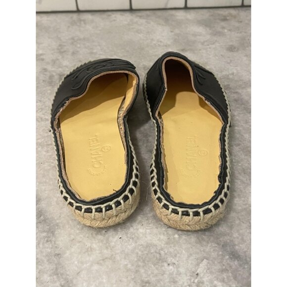 Chanel Espadrille Shoes Womens Size 38 Black Leather CC Logo Mules Slides - Picture 4 of 9